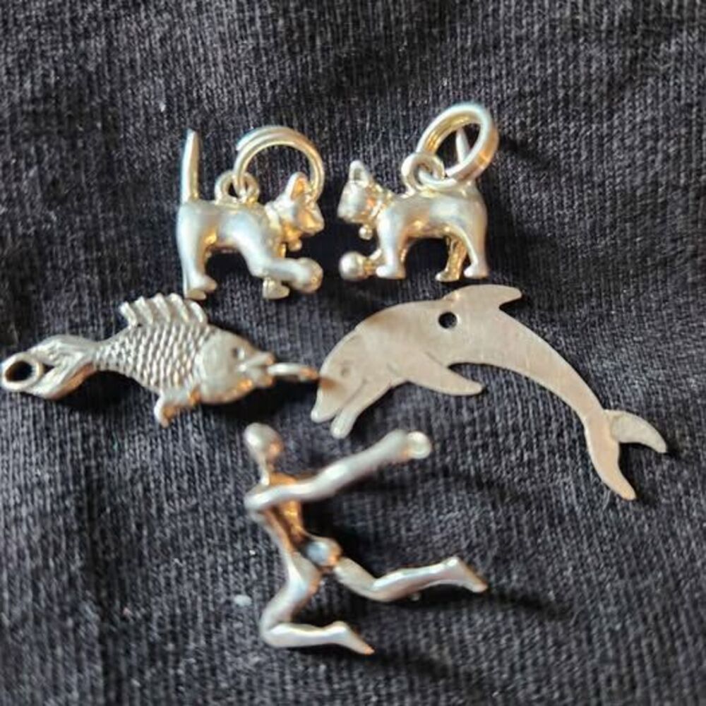 Vintage Sterling Silver Mini Charm Lot 5pc Cats Dolphin Fish Dancer 925